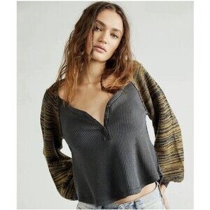 Free People We The Free Sweet Confession Waffle Knit Henley Womens Small Charcoa